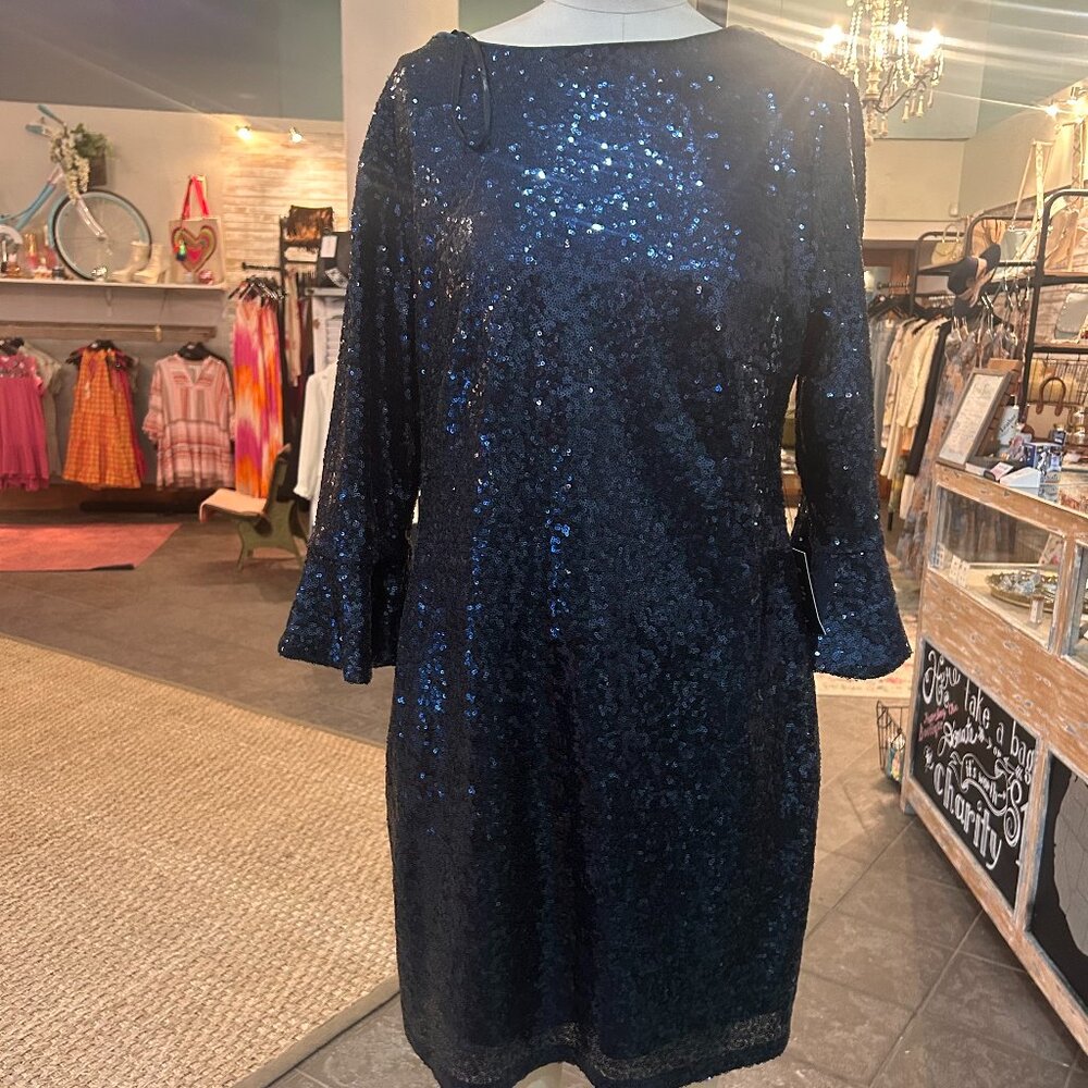 Mini Blue Sequin Bell Sleeve Dress